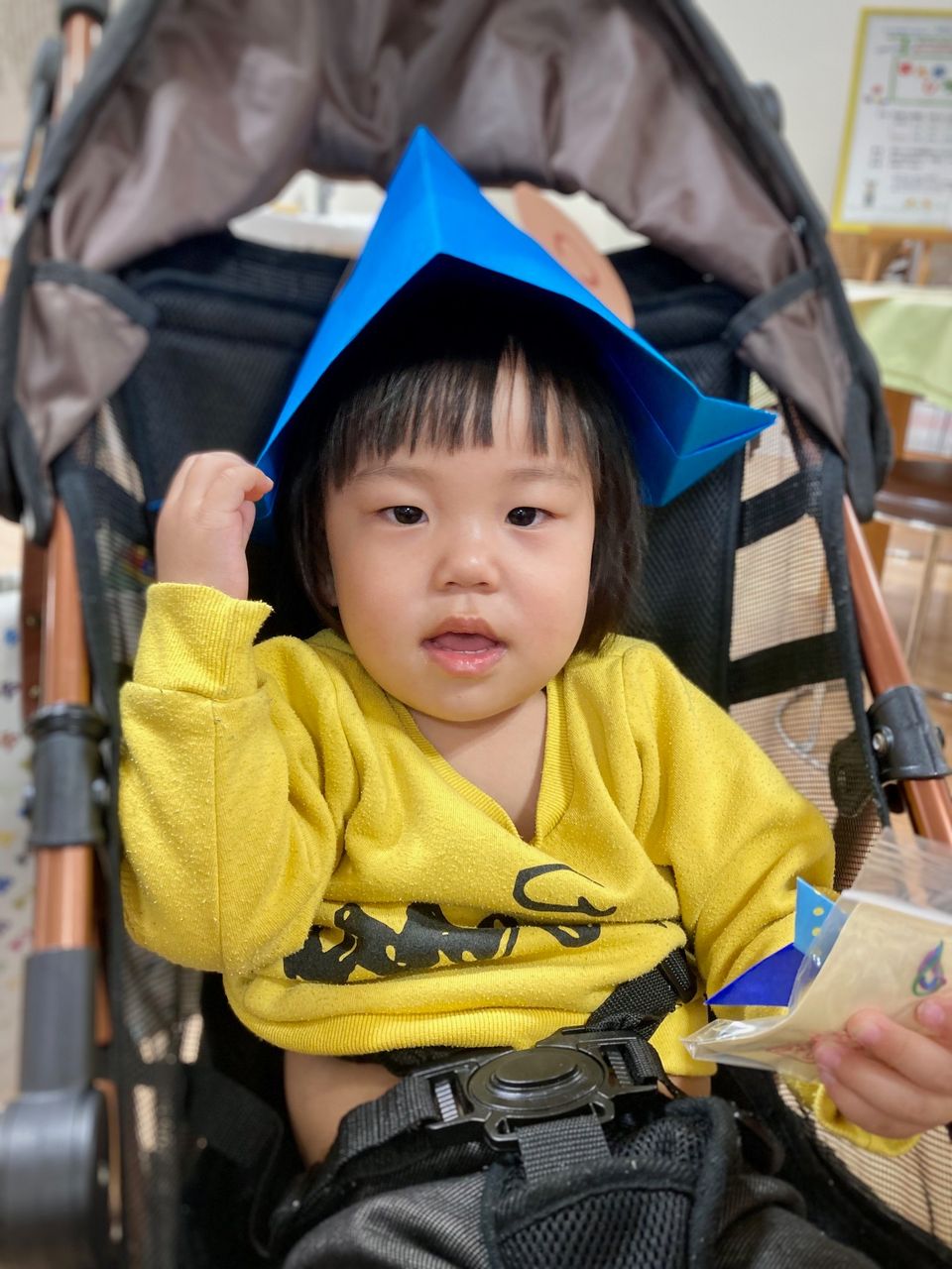 写真：ぐりの帽子をかぶった男の子です。ベビーカーに乗っています。