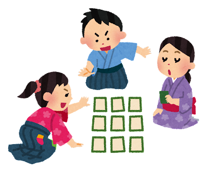 イラスト：３人で百人一首をしています。